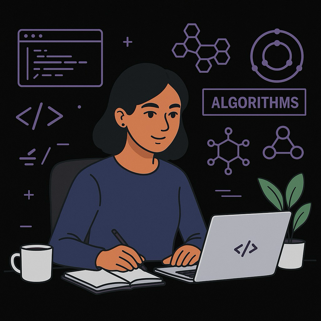 Illustration of a software engineer at her desk with code and algorithm icons in the background.
