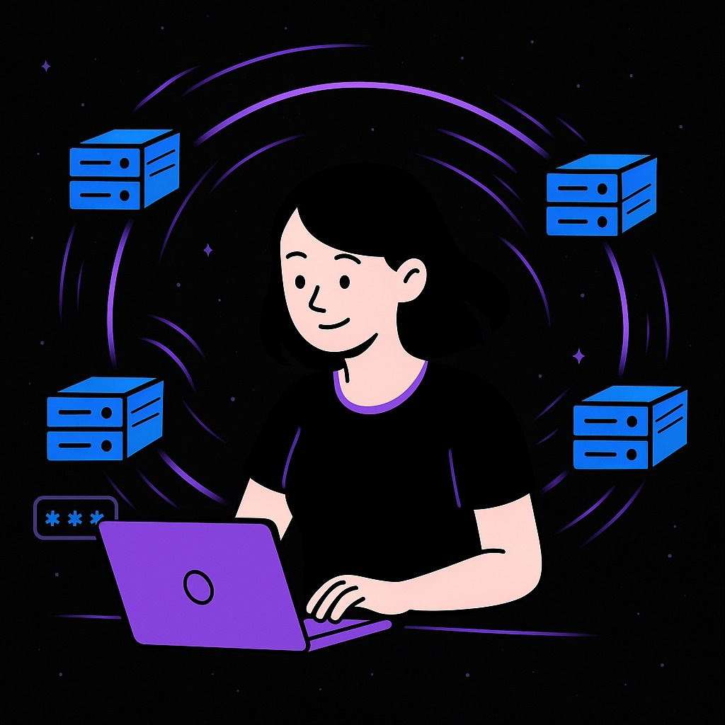 Illustration of a software engineer at work with servers